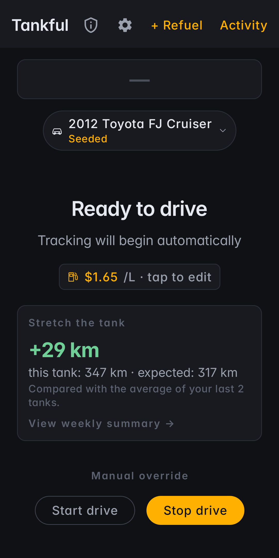Tankful live driving screen showing the personal tank baseline